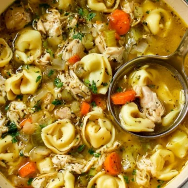 A bowl of cozy chicken tortellini soup with vegetables and noodles.