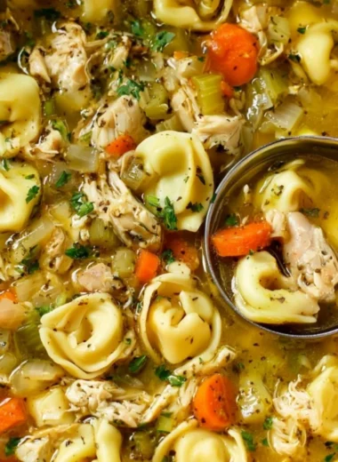 A bowl of cozy chicken tortellini soup with vegetables and noodles.