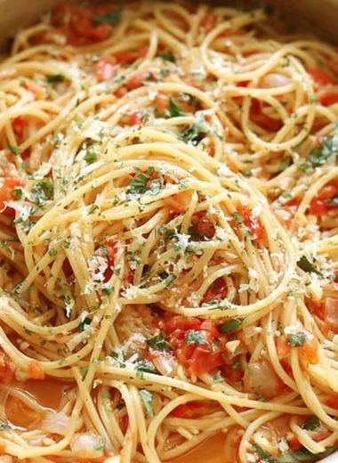 Delicious one pot pasta served in a cozy kitchen setting.