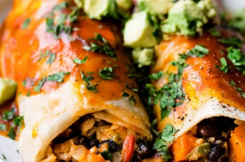 Delicious cozy vegetarian enchiladas served on a plate, garnished with fresh herbs.