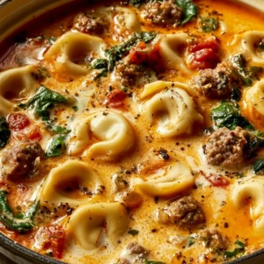 Bowl of Italian Sausage Tortellini Soup garnished with herbs.
