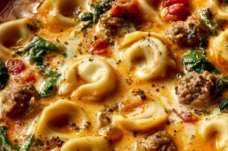 Bowl of Italian Sausage Tortellini Soup garnished with herbs.
