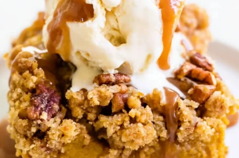 Slice of Pumpkin Pie Crunch Cake topped with whipped cream and spices