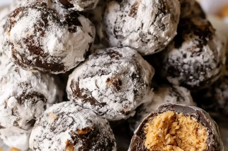 Puppy Chow truffles drizzled with chocolate and sprinkled with powdered sugar