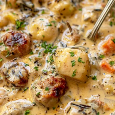 Bowl of creamy potato sausage chowder served with fresh herbs