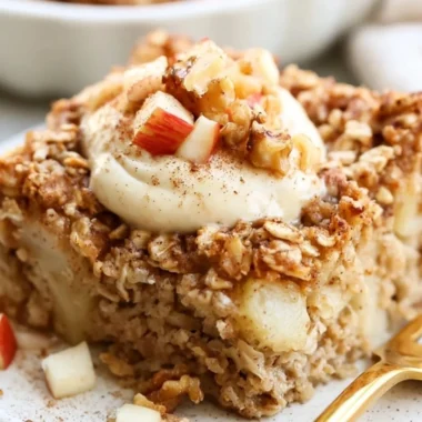 Apple Baked Oatmeal with Cinnamon served in a bowl topped with fresh apple slices.