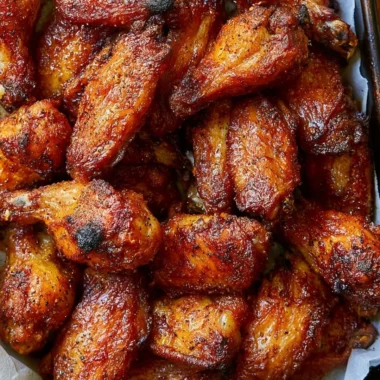 Crispy baked chicken wings on a plate with sauce and fresh herbs