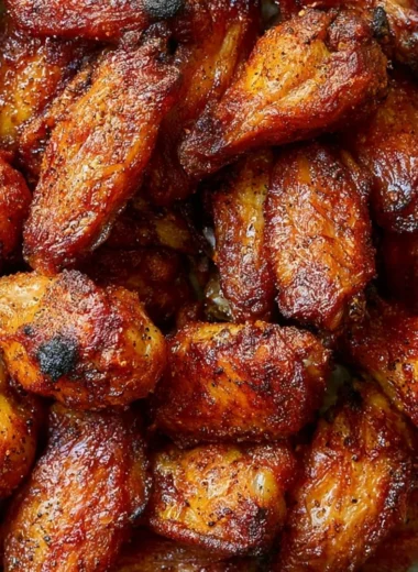 Crispy baked chicken wings on a plate with sauce and fresh herbs