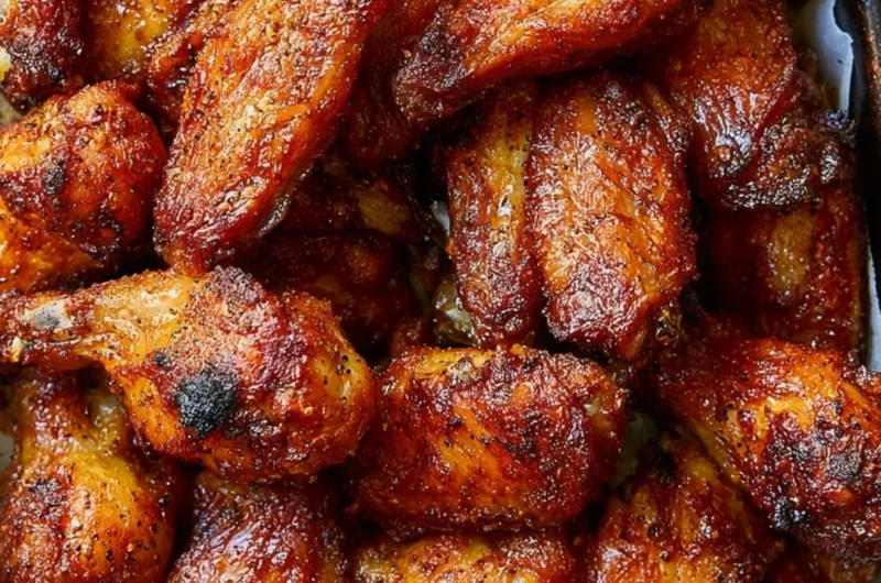 Crispy baked chicken wings on a plate with sauce and fresh herbs