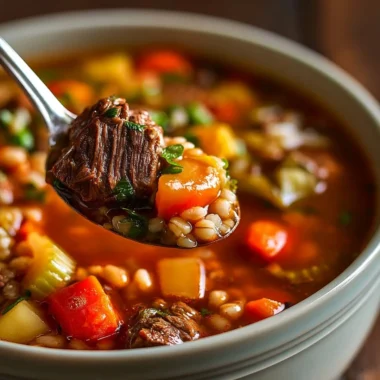 A bowl of delicious beef barley soup with vegetables and herbs