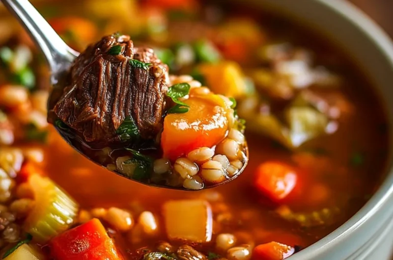 A bowl of delicious beef barley soup with vegetables and herbs