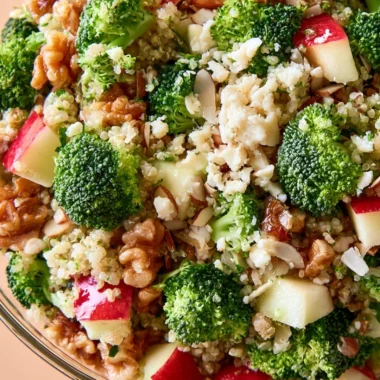 Fresh Broccoli Apple Quinoa Salad served in a bowl with colorful ingredients.