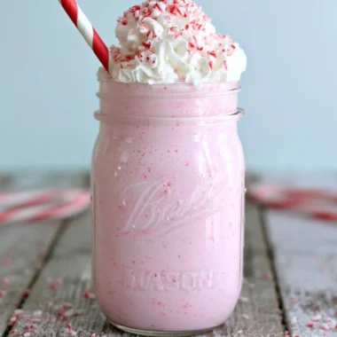 Delicious homemade candy cane milkshake topped with whipped cream and crushed candy canes