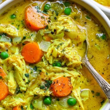 Bowl of chicken soup with turmeric and ginger, garnished with fresh herbs.
