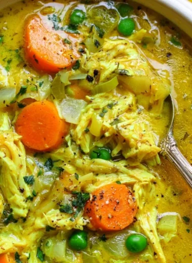 Bowl of chicken soup with turmeric and ginger, garnished with fresh herbs.