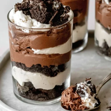 Delicious chocolate parfait dessert featuring layers of cream and chocolate.