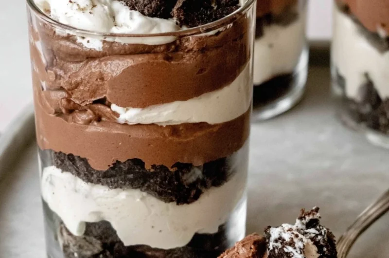 Delicious chocolate parfait dessert featuring layers of cream and chocolate.