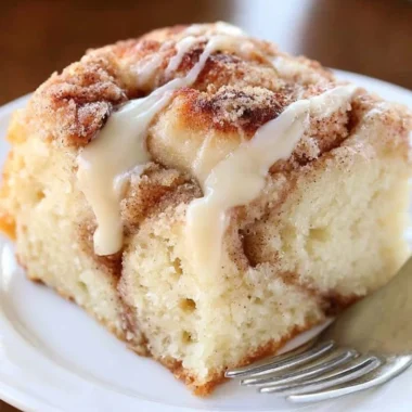 Delicious cinnamon roll coffee cake with cinnamon swirls and icing