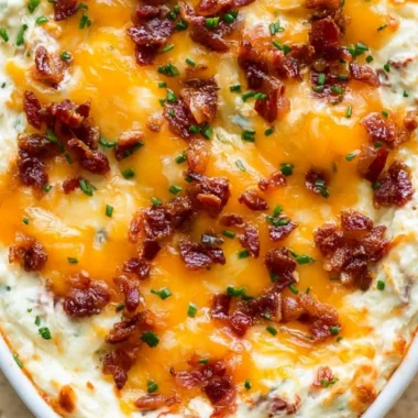 Cream cheese dip with bacon and cheddar served in a bowl