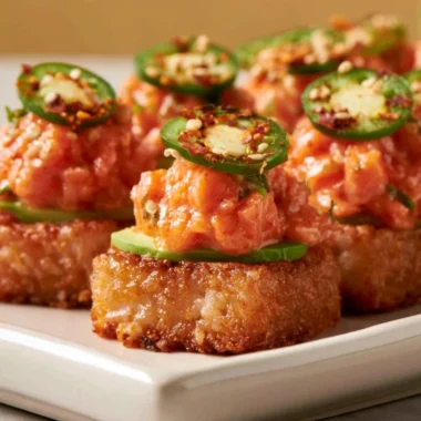 Delicious crispy rice with spicy salmon topping served on a plate.