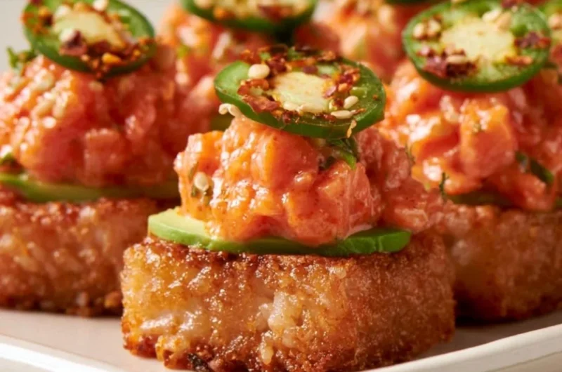 Delicious crispy rice with spicy salmon topping served on a plate.