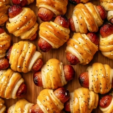 Delicious glazed pigs in a blanket served on a platter at a party