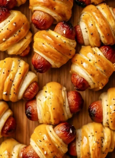 Delicious glazed pigs in a blanket served on a platter at a party