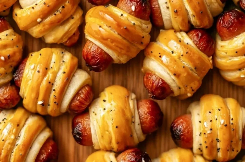 Delicious glazed pigs in a blanket served on a platter at a party
