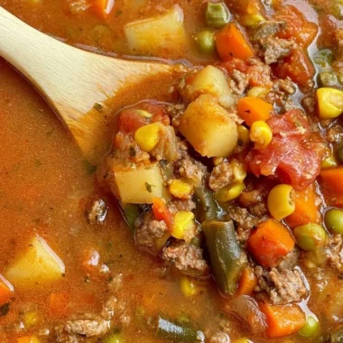 A bowl of flavorful Hamburger Vegetable Soup filled with vegetables and ground beef.