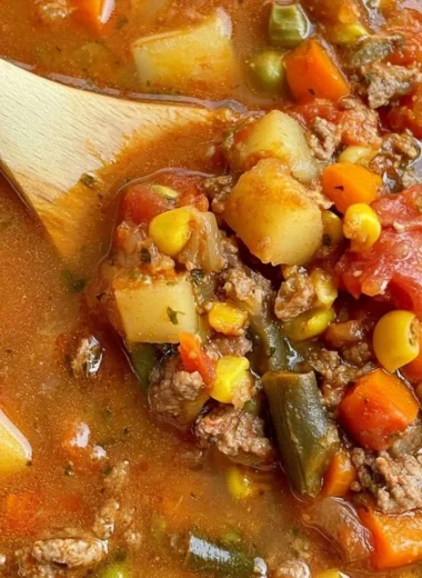 A bowl of flavorful Hamburger Vegetable Soup filled with vegetables and ground beef.