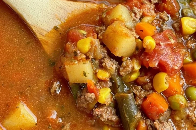 A bowl of flavorful Hamburger Vegetable Soup filled with vegetables and ground beef.