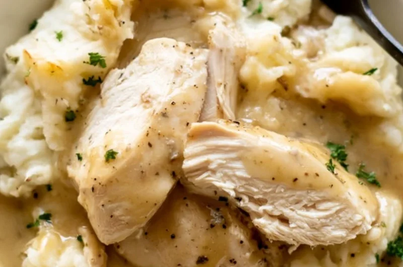 Delicious Instant Pot Chicken and Gravy served with mashed potatoes