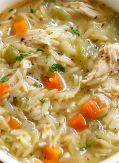 Bowl of Lemon Chicken Orzo Soup filled with chicken, orzo, and fresh lemon slices