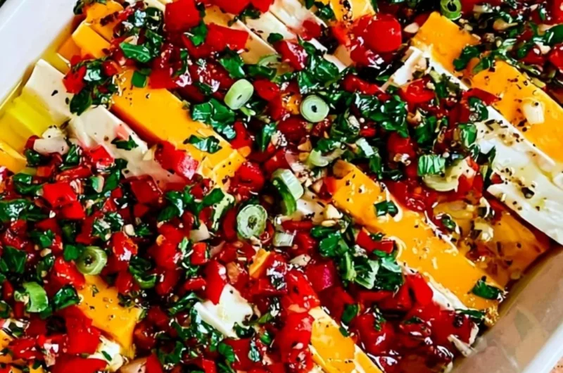 A bowl of marinated cheese with herbs and spices on a rustic wooden table