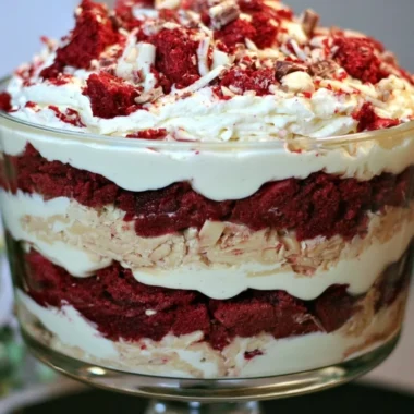 Delicious red velvet trifle layered with cream and cake