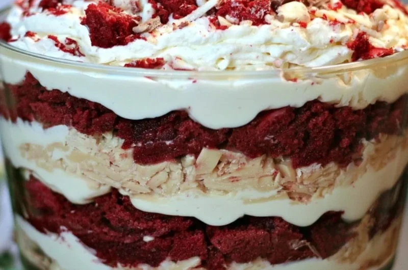 Delicious red velvet trifle layered with cream and cake