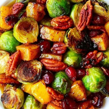 Thanksgiving side dish featuring roasted butternut squash with Brussels sprouts, pecans, and cranberries.