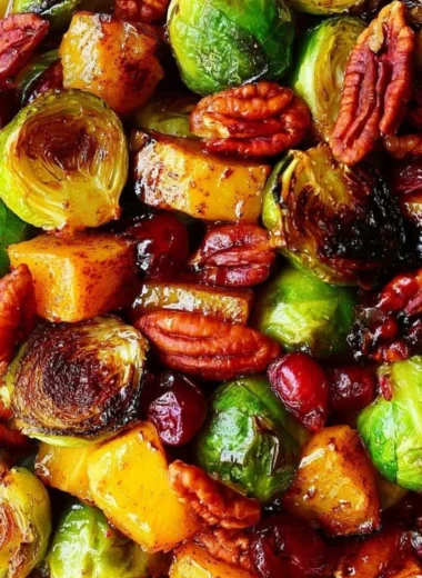 Thanksgiving side dish featuring roasted butternut squash with Brussels sprouts, pecans, and cranberries.