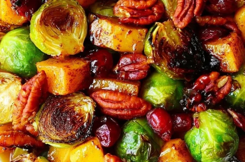 Thanksgiving side dish featuring roasted butternut squash with Brussels sprouts, pecans, and cranberries.