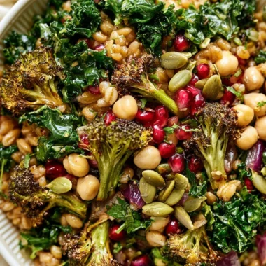 Winter Farro and Kale Salad topped with nuts and dressing in a bowl